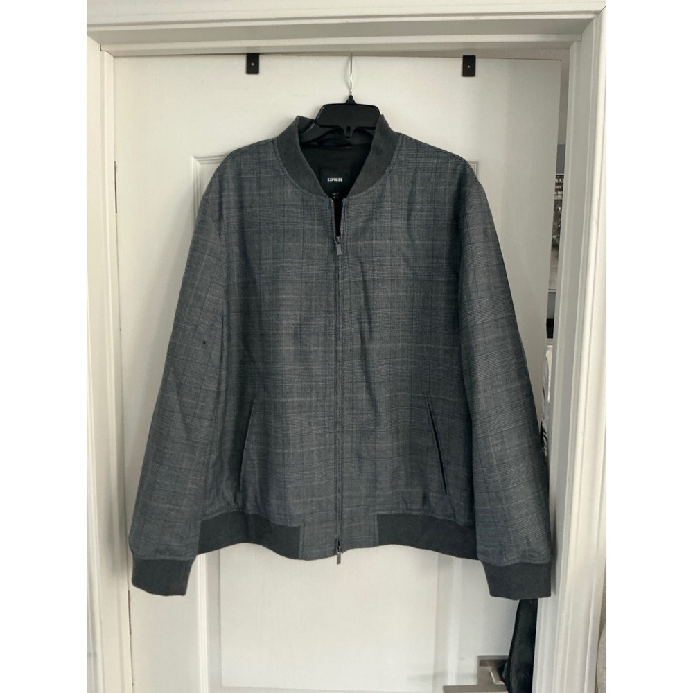 Express Mens XL Glen Plaid Bomber Jacket Grey Full Zip Lightweight Casual Coat